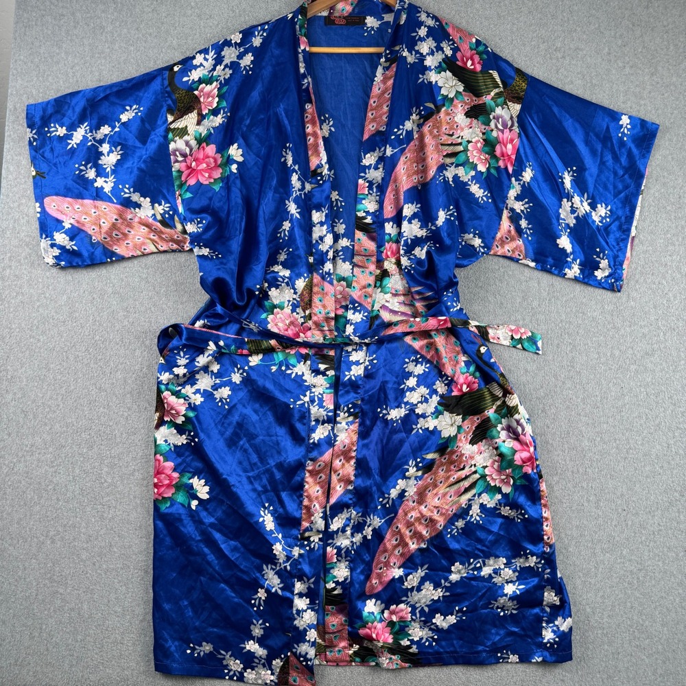 Sheng Tangkuyi Robe Womens One Size Blue Peacock Floral Satin Kimono Wrap Beltet